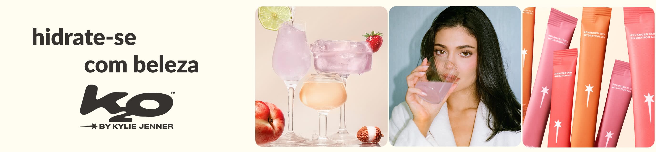 Banner da K2O by Kylie Jenner a promover bebidas rosa e laranja, a modelo a beber e um mix de tubos coloridos de hidratante facial.