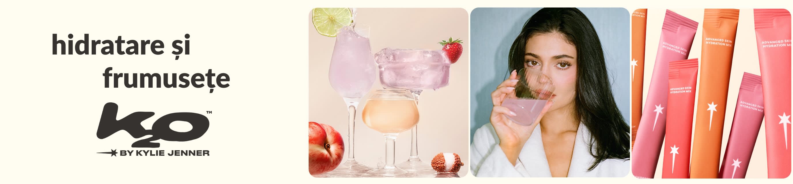 Banner k2o de la Kylie Jenner cu model ce consumă o băutură roz și pliculețe de mix pentru hidratarea pielii.