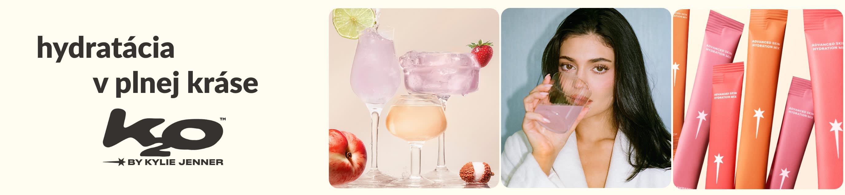 Baner K2O by Kylie Jenner s ružovými a oranžovými nápojmi, modelkou a farebnými vrecúškami hydratačnej zmesi.