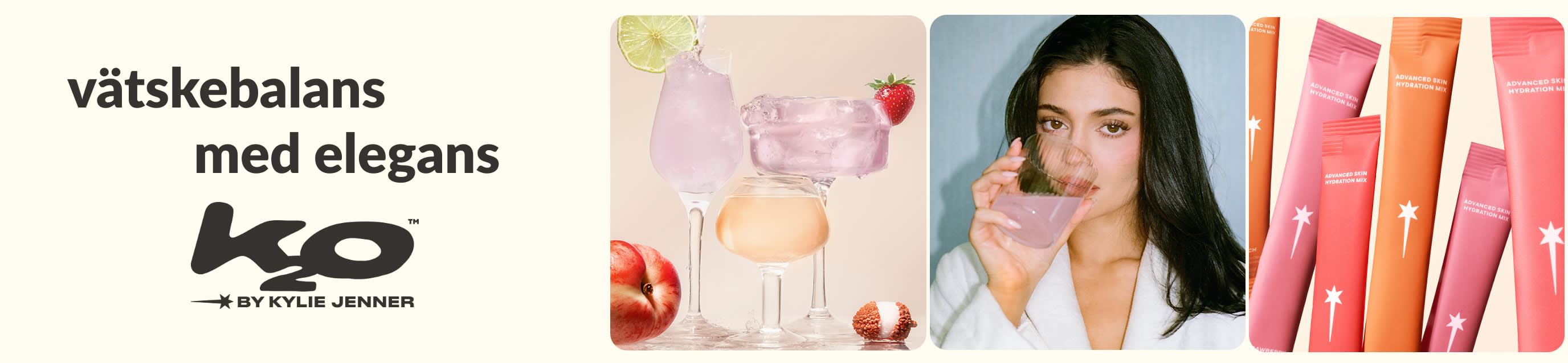 K2O av Kylie Jenner-banner med rosa och orange drycker, en modell som dricker och färggranna portionspåsar med dryckmix för vätskebalans och återfuktning.