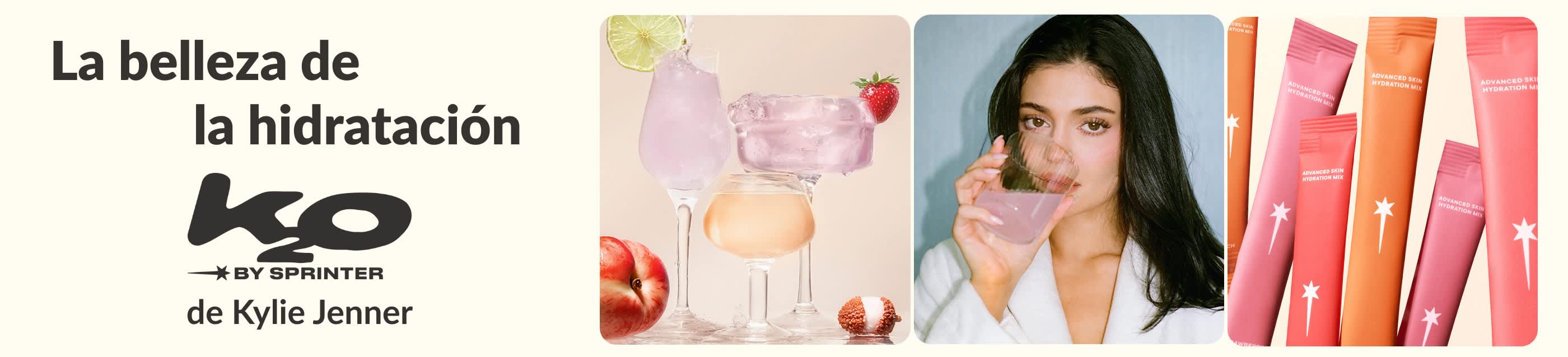 Banner de k2o by Sprinter de Kylie Jenner con bebidas coloridas, una modelo y sobres para hidratación cutánea.