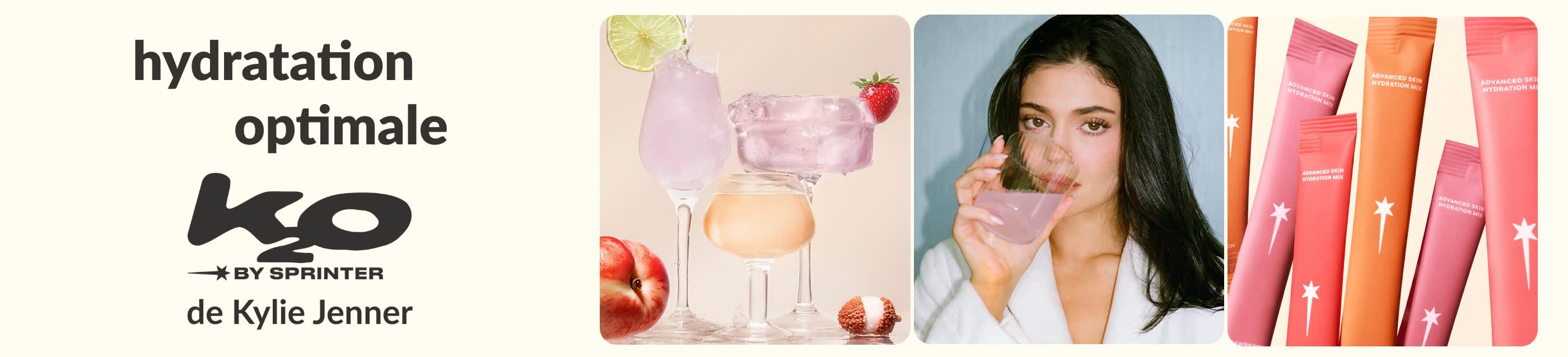 Bannière k2o by Sprinter de Kylie Jenner avec des boissons et des sachets colorés rose/orange pour l’hydratation de la peau.