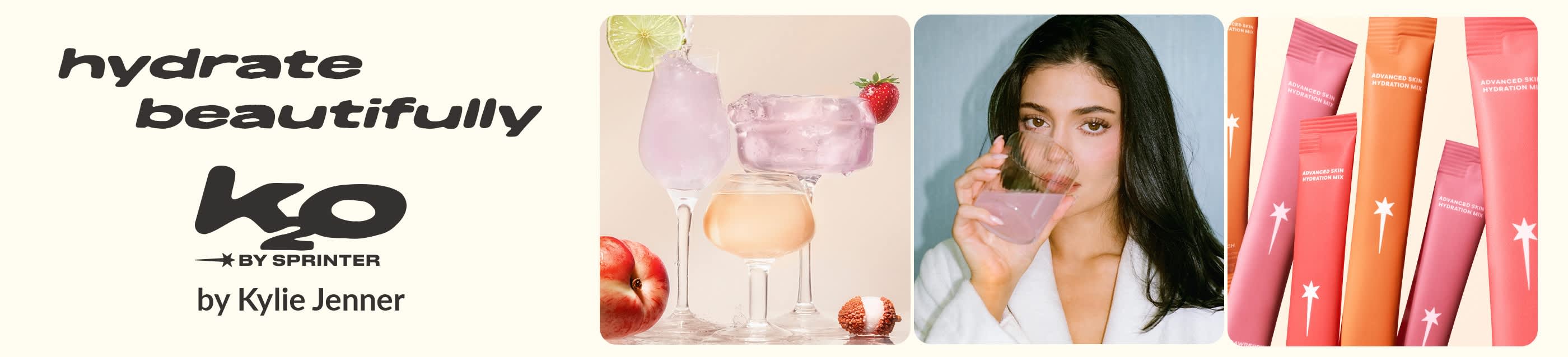 K2O by Sprinter by Kylie Jenner banner featuring pink and orange drinks, a model drinking, and colorful skin hydration mix packets.