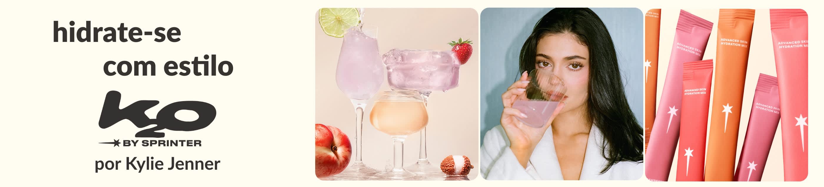 Banner da k2o by Sprinter por Kylie Jenner com bebidas nas cores rosa e laranja, modelo consumindo a bebida e sachês coloridos de mix para hidratação da pele.