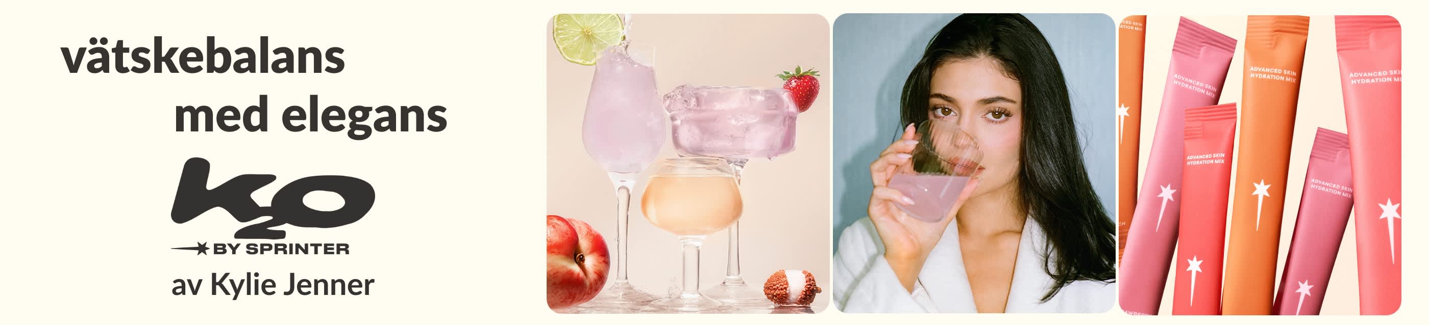 K2O by Sprinter av Kylie Jenner-banner med rosa och orange drycker, en modell som dricker och färggranna portionspåsar med dryckmix för vätskebalans och återfuktning.