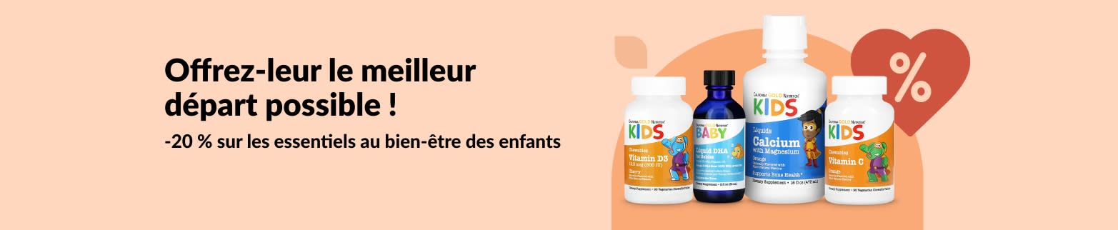 20 % de réduction sur les produits essentiels au bien-être des enfants chez iHerb, y compris les vitamines liquides, le DHA, le calcium et les mélanges immunitaires.