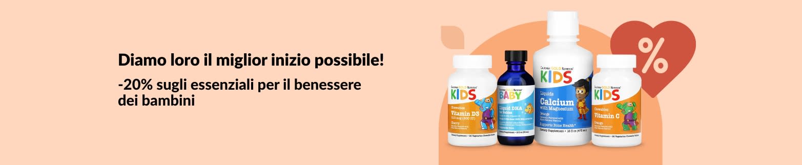 20% di sconto sui prodotti essenziali per il benessere dei bambini su iHerb, tra cui vitamine liquide, DHA, calcio e formule immunitarie.