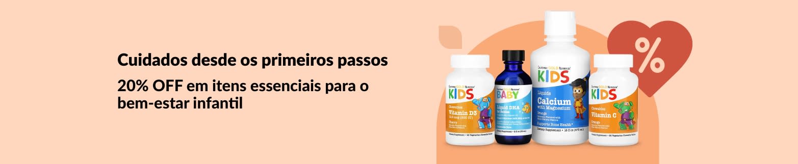 20% OFF em produtos essenciais para o bem-estar das crianças, incluindo vitaminas líquidas, DHA, cálcio e misturas imunológicas.