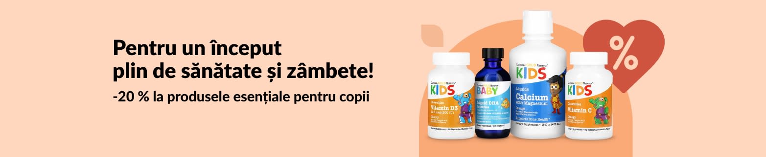 -20% la produsele esențiale pentru copii la iHerb, inclusiv vitamine lichide, DHA, calciu și formule pentru imunitate.