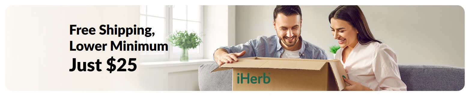 Free shipping banner showing a couple opening an iHerb package, promoting a lowered $25 minimum order requirement.