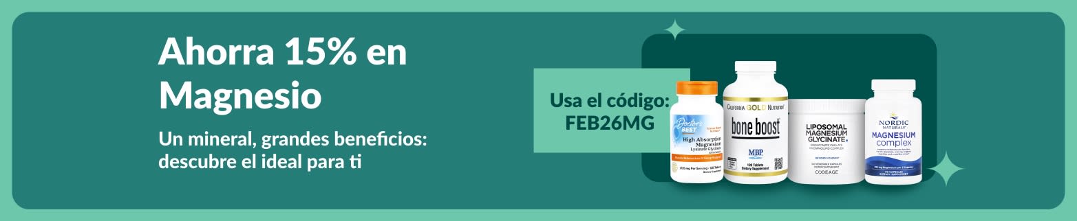 Promoción de 15% de descuento en suplementos de magnesio con el código FEB26MG y variedad de productos para la salud.
