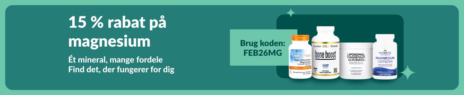 15 % rabat på kosttilskud med magnesium med rabatkoden FEB26MG og produktsortiment med sundhedsmæssige fordele.
