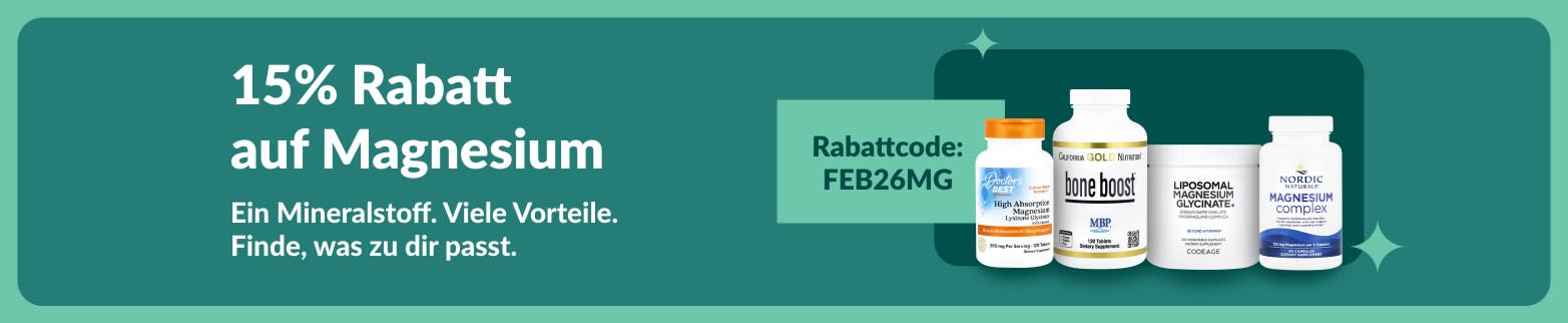 15% Rabatt auf Magnesium-Nahrungsergänzungsmittel mit Rabattcode FEB26MG und Produktpalette für gesundheitliche Vorteile.