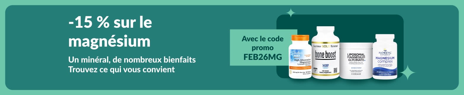 15 % de réduction sur les compléments de magnésium avec le code promo FEB26MG et sur une gamme de produits bénéfiques pour la santé.