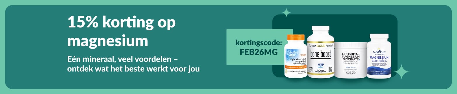 15% korting op magnesiumsupplementen met kortingscode FEB26MG. Ontdek ons ​​brede assortiment producten voor je gezondheid.