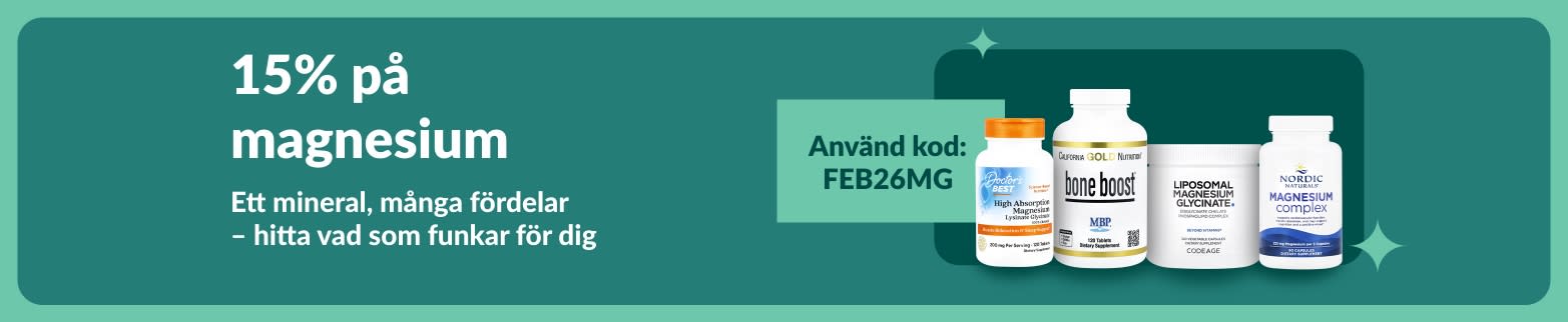 15 % rabatt på magnesiumtillskott med rabattkoden FEB26MG och bild på produkter för hälsan.