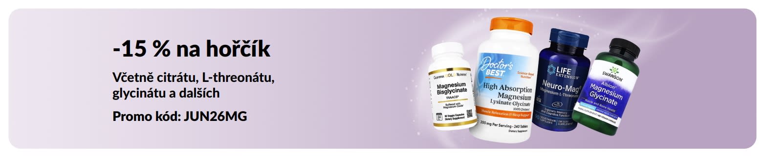Propagační banner nabízející 15% slevu na doplňky stravy s hořčíkem.