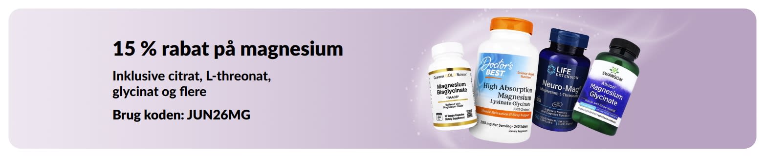 Reklamebanner med 15 % rabat på kosttilskud med magnesium.
