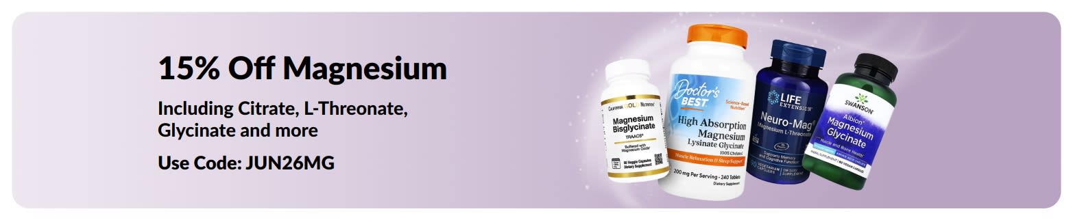 Promotional banner offering 15% off magnesium supplements.