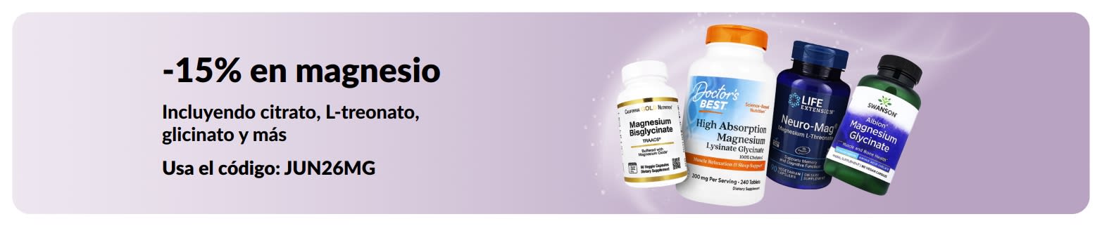 Banner promocional con un 15% de descuento en suplementos de magnesio.