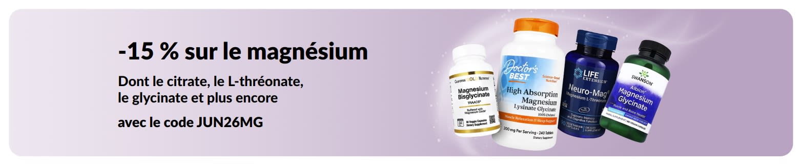 Bannière promotionnelle offrant 15 % de réduction sur les compléments de magnésium.