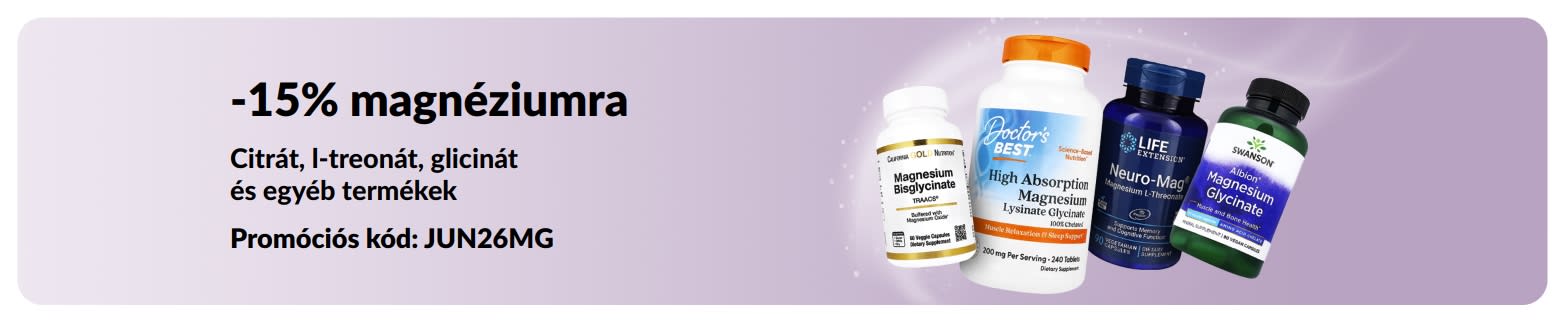 Magnézium étrend-kiegészítőkre 15% kedvezményt hirdető banner.