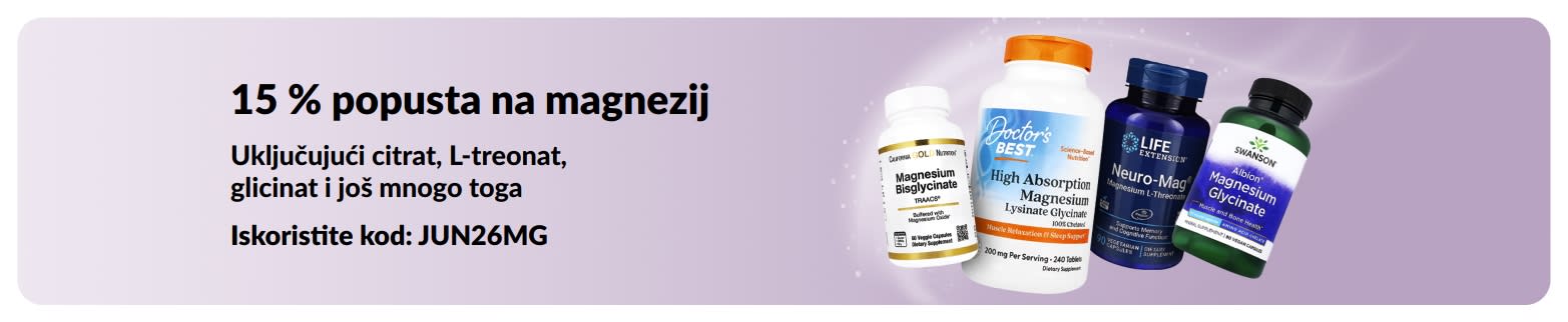 Promotivni reklamni natpis koji nudi 15 % popusta na dodatke prehrani s magnezijem.