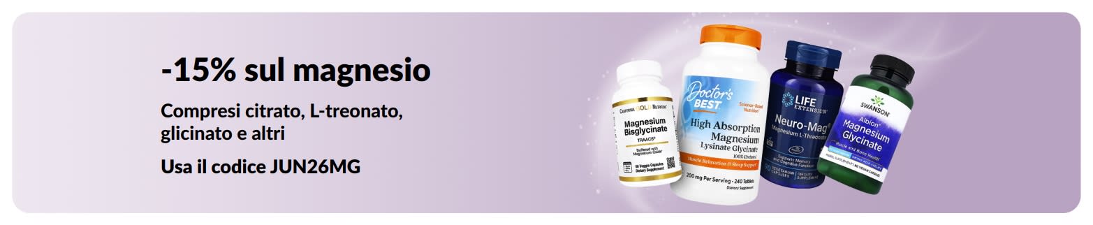 Banner promozionale che offre il 15% di sconto sugli integratori di magnesio.