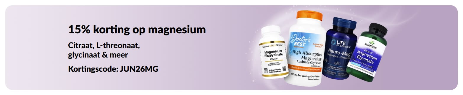 Kortingsbanner met 15% korting op magnesiumsupplementen.