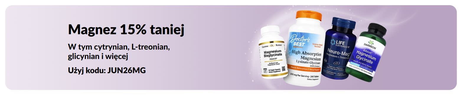 Baner promocyjny oferujący 15% zniżki na suplementy z magnezem.