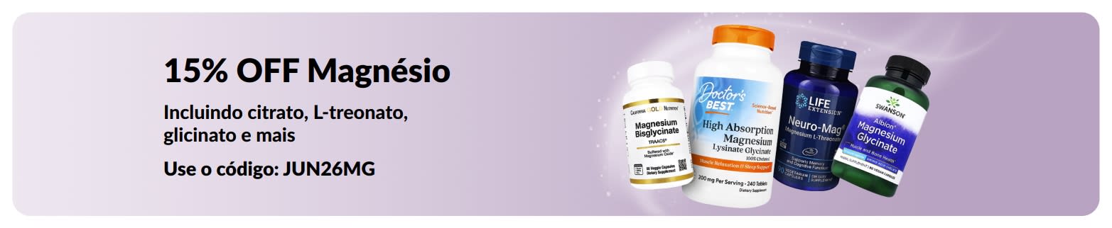 Banner promocional com 15% OFF em suplementos de magnésio.