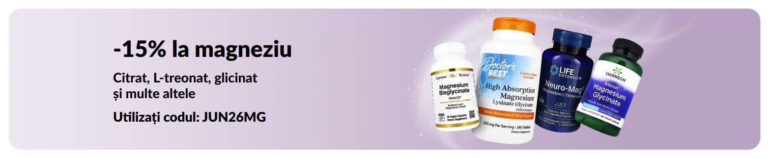 Banner promoțional cu 15% reducere la suplimentele cu magneziu.