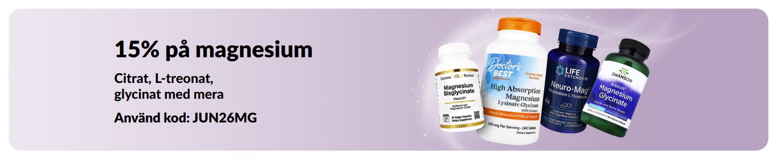 Kampanjbanner som erbjuder 15% på magnesiumtillskott.