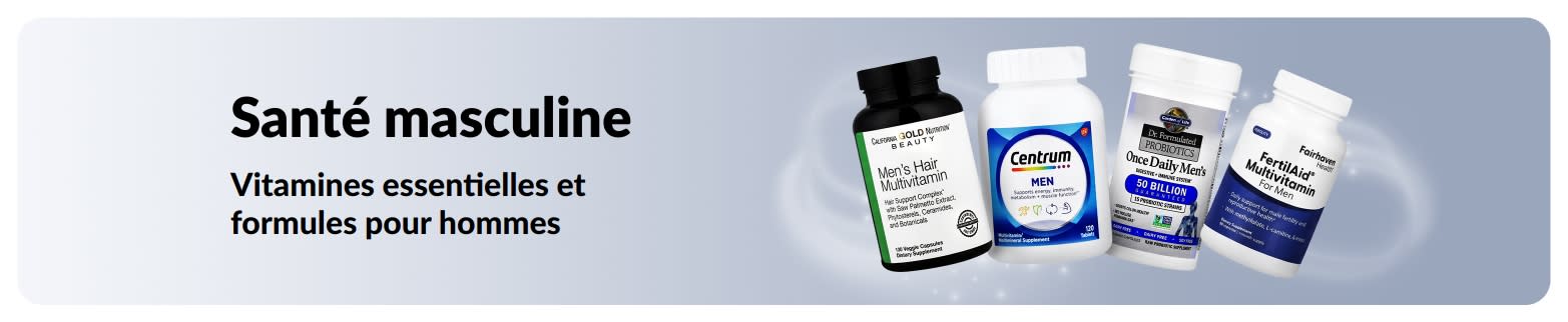 Bannière Santé masculine mettant en avant des vitamines et probiotiques pour hommes.