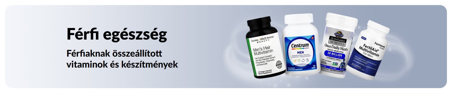 Férfiaknak készült vitaminokat és egészségmegőrző termékeket promotáló banner, amely multivitamint és probiotikumokat ábrázol.