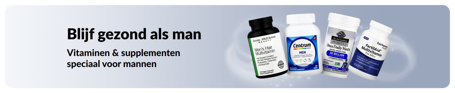 Gezondheidsbanner voor mannen met multivitaminen en probiotica, ter promotie van vitamines en welzijnsproducten voor mannen.