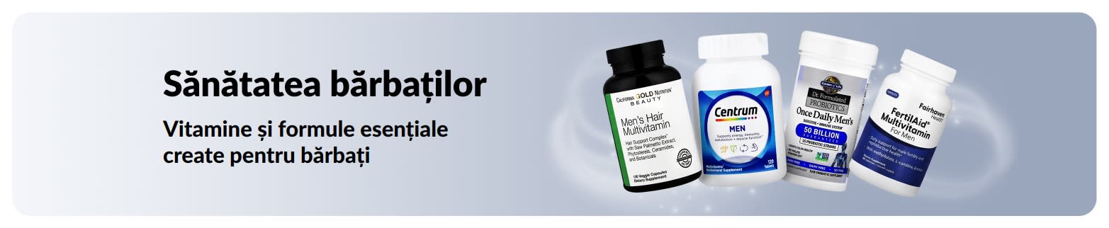 Banner despre sănătatea bărbaților cu multivitamine și probiotice, promovând formule de wellness pentru bărbați.