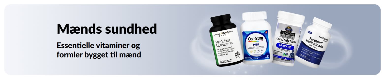 Banner med mænds sundhed herunder multivitaminer og probiotika, der promoverer essentielle vitaminer og helseformler til mænd.