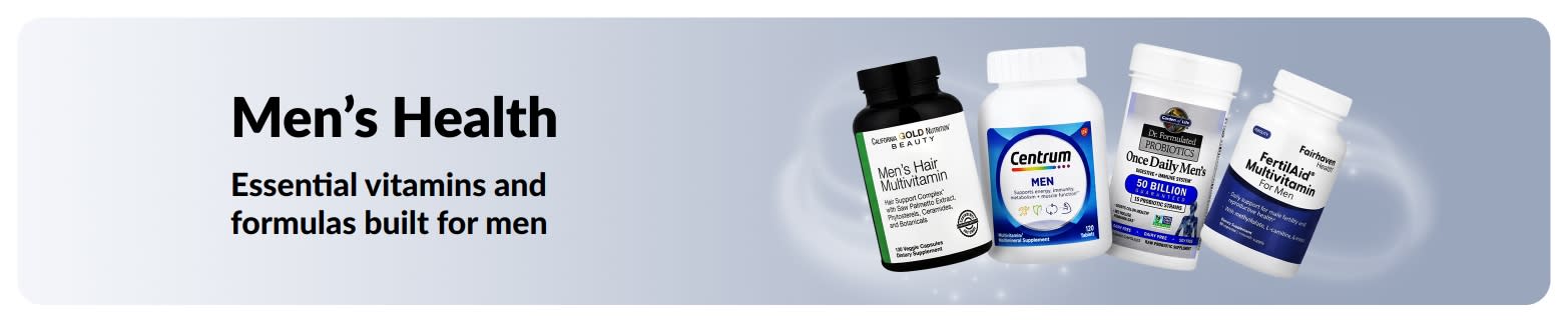 Men’s health banner featuring multivitamins and probiotics, promoting essential vitamins and wellness formulas for men.