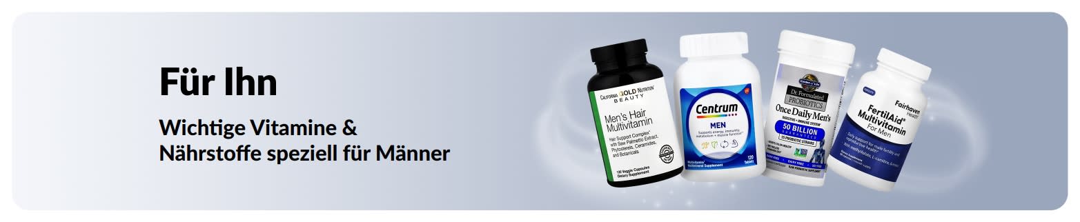 Banner zum Thema Männergesundheit mit Multivitaminen und Probiotika, das wichtige Vitamine für die Gesundheit von Männern bewirbt.