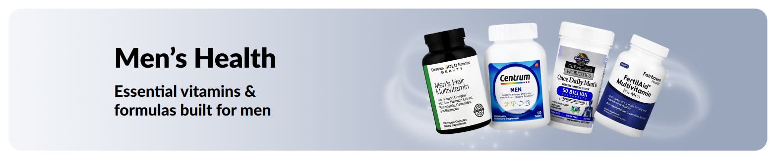 Men’s health banner featuring multivitamins and probiotics, promoting essential vitamins and wellness formulas for men.