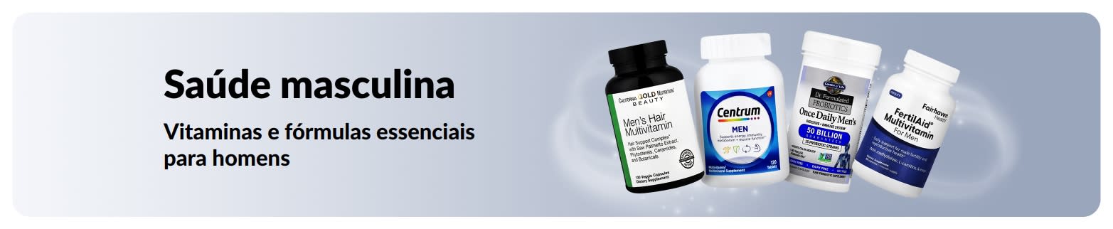 Banner de saúde masculina destacando multivitamínicos e probióticos, com foco em vitaminas e fórmulas para o bem-estar.