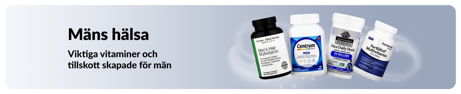 Mäns hälsa-banner med multivitaminer och probiotika som marknadsför viktiga vitaminer och produkter för välmående för män.
