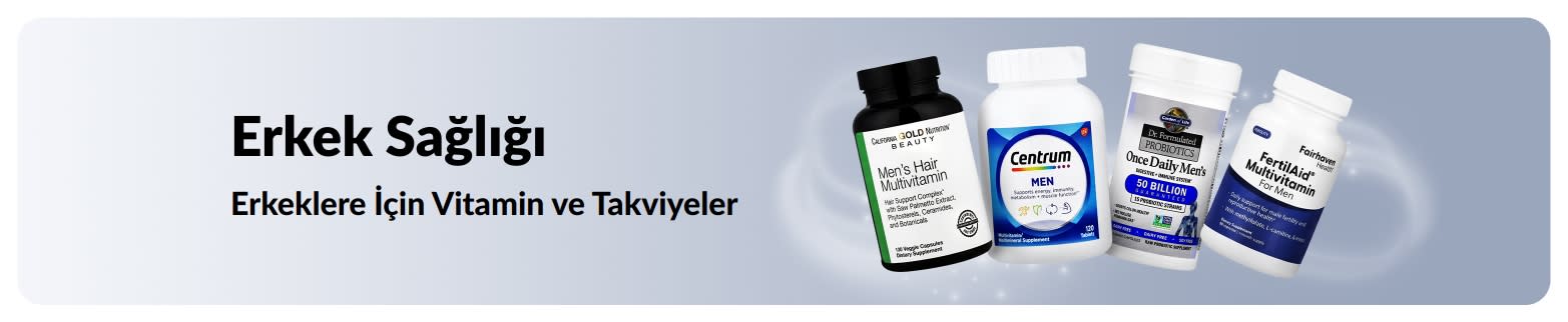 Erkeklere yönelik temel vitaminleri ve iyi yaşam formüllerini tanıtan, multivitaminler ve probiyotiklerin yer aldığı erkek sağlığı bannerı.