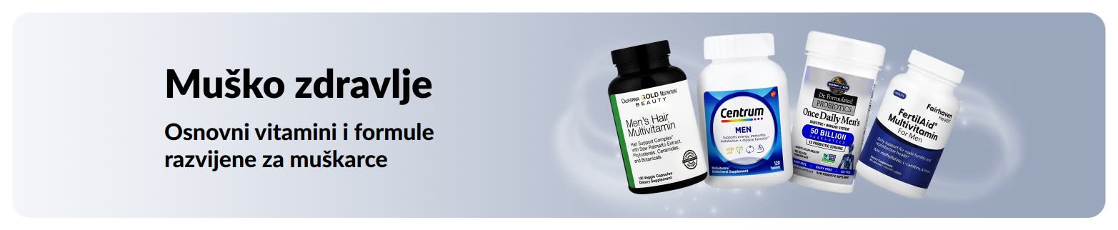 Reklamni natpis za muško zdravlje s multivitaminima i probioticima, koji promovira osnovne vitamine i wellness formule za muškarce.