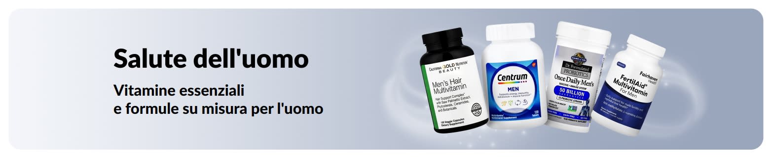 Banner sulla salute dell'uomo con multivitaminici e probiotici, per promuovere vitamine essenziali e formule per il benessere maschile.