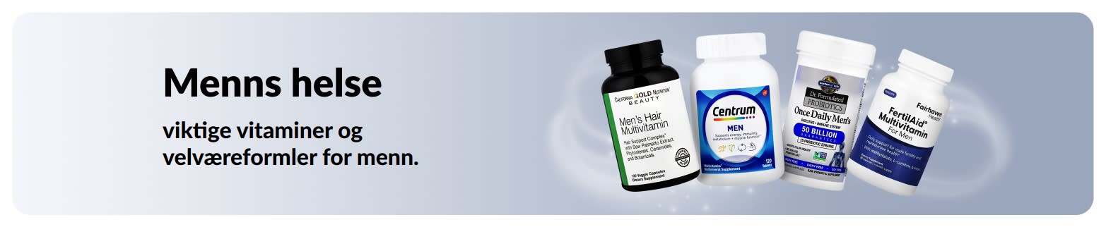 Kampanjebanner for menns helse med multivitaminer og probiotika, som fremmer viktige vitaminer og velværeformler for menn.