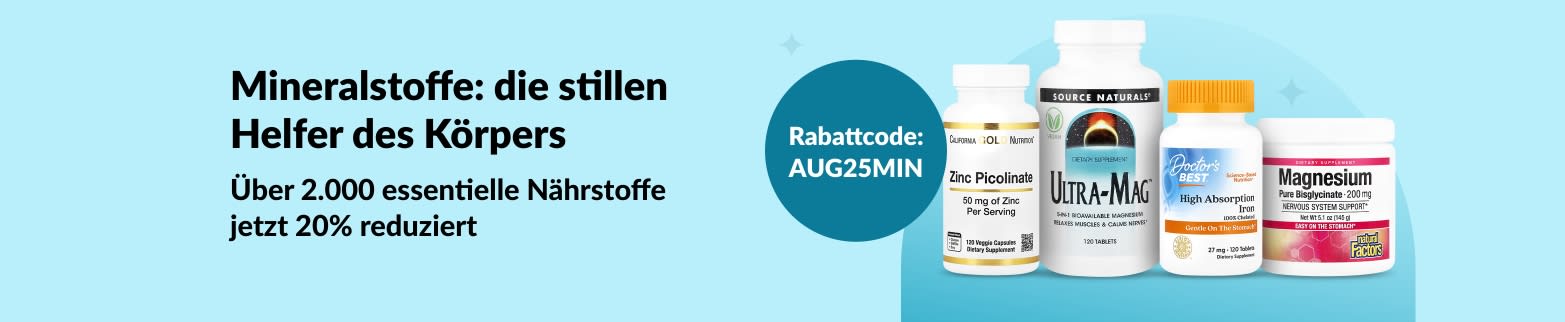 Werbe-Banner für 20 % Rabatt auf über 2.000 Mineralstoffpräparate mit dem Code AUG25MIN, mit Bildern der Top-Produkte.