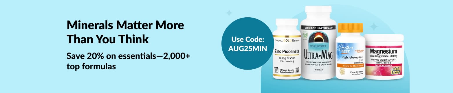 Promotional banner for 20% off 2,000+ mineral supplements using code AUG25MIN, featuring top product images.