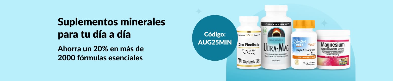 Banner con un 20% de descuento en más de 2000 minerales con el código AUG25MIN, con imágenes de los productos más destacados.